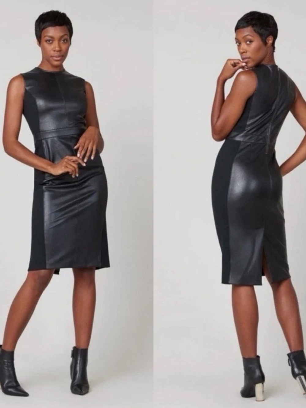 SPANX Black Faux Leather Panel Midi Dress